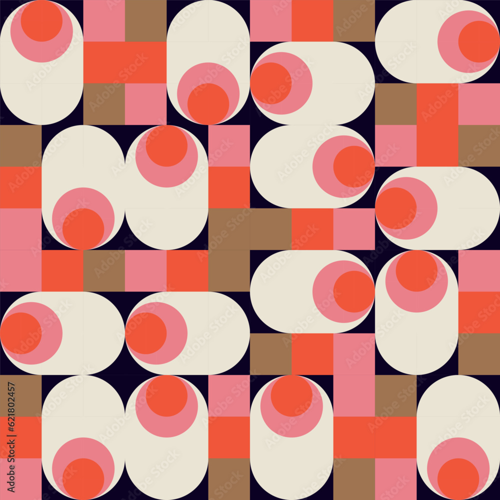 Poster  Modern vector abstract  geometric background with circles, rectangles and squares  in retro scandinavian style. Pastel colored simple shapes graphic pattern. Abstract mosaic artwork.