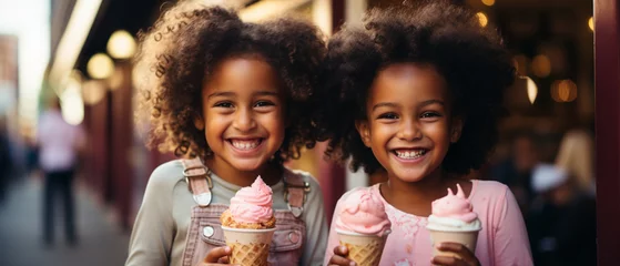 Fotobehang Süße Momente: Dunkelhäutige Kinder teilen lachend eine Eiscreme © PhotoArtBC