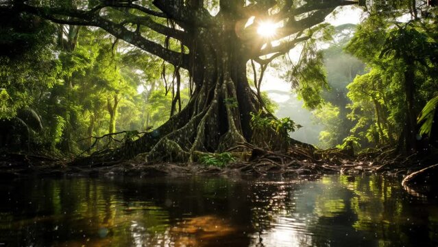 Amazonian Splendor: Nature's Majesty - Striking image of the most beautiful tree in the lush Amazon rainforest. Ideal for travel, nature conservation, and lifestyle content. Reworked generative AI.
