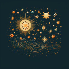 Vector illustration of sun, waves and stars. Design element for poster, card, banner. Vector illustration of starry sky with sun, clouds and stars.