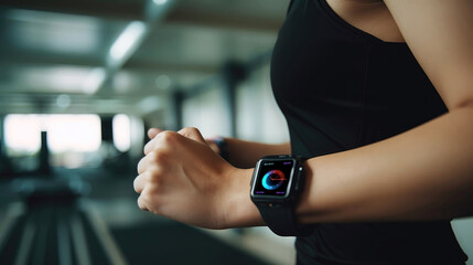 Woman wearing fitness tracker smartwatch while exercising in gym