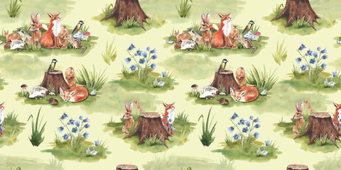 Watercolor Woodland animals seamless pattern. Fabric wallpaper background with hedgehog, fox , Bunny rabbit set of forest squirrel and chipmunk, tit bird baby animal. For textile