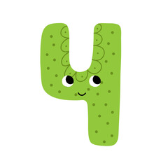 Cute number four character for kids. Leaning numbers for preschool. Doodle number 4 in cartoon style. Vector illustration