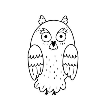 Cute black and white owl character in cartoon style. Funny bird isolated on white background for coloring. Doodle outline owl print. Vector illustration