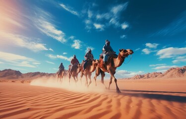 People riding camels on a sand dune in the desert