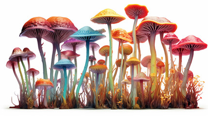psilocybin hallucinogenic mushrooms multicolored illustration design isolated on a white background. Generative AI