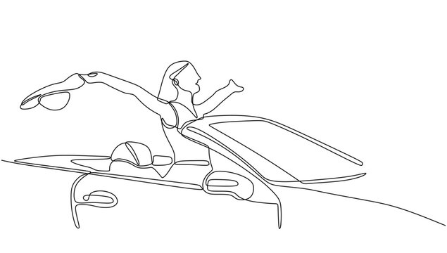 One line of woman on car, Continuous line of people ride car isolated on white background.