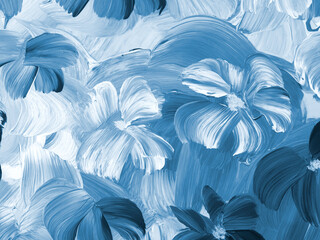 Abstract blue flowers, original hand drawn, impressionism style, color texture, brush strokes of paint,  art background.