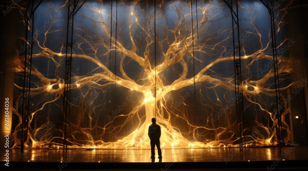 Poster a man standing in front of a tree of life. generative ai image.