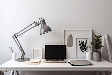 Desk with lamp, stationery, and computer with blank screen close to a bright wall. Generative AI