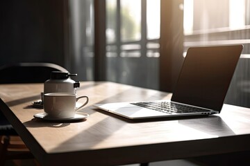 empty laptop display. Working or studying online from a desk and laptop at home. Generative AI