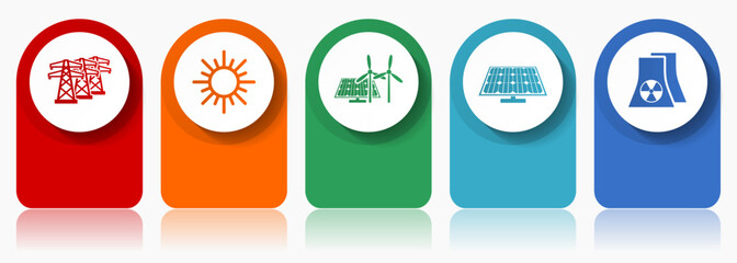 Renewable energy icon set, miscellaneous vector icons such as power line, sun, solar panel and nuclear power plant, modern design infographic template, web buttons in 5 color options
