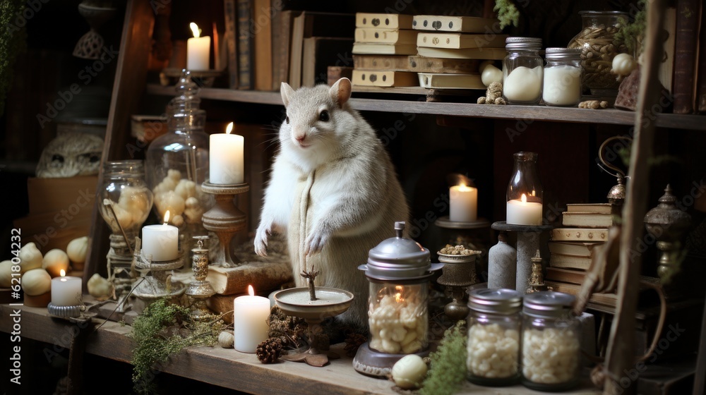 Poster a cat sitting on top of a table next to candles. generative ai image.