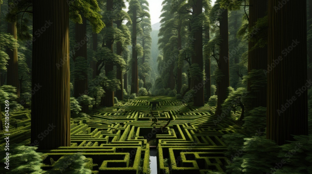 Poster a large maze in the middle of a forest. generative ai image.