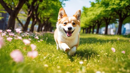 Corgi dog pembroke welsh corgi walking outdoor in summer park. An energetic dog running across the lawn. Generative Ai.