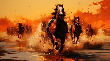 Abwaschbare Fototapete Orange A painting of a group of horses running in the water. Generative AI image.