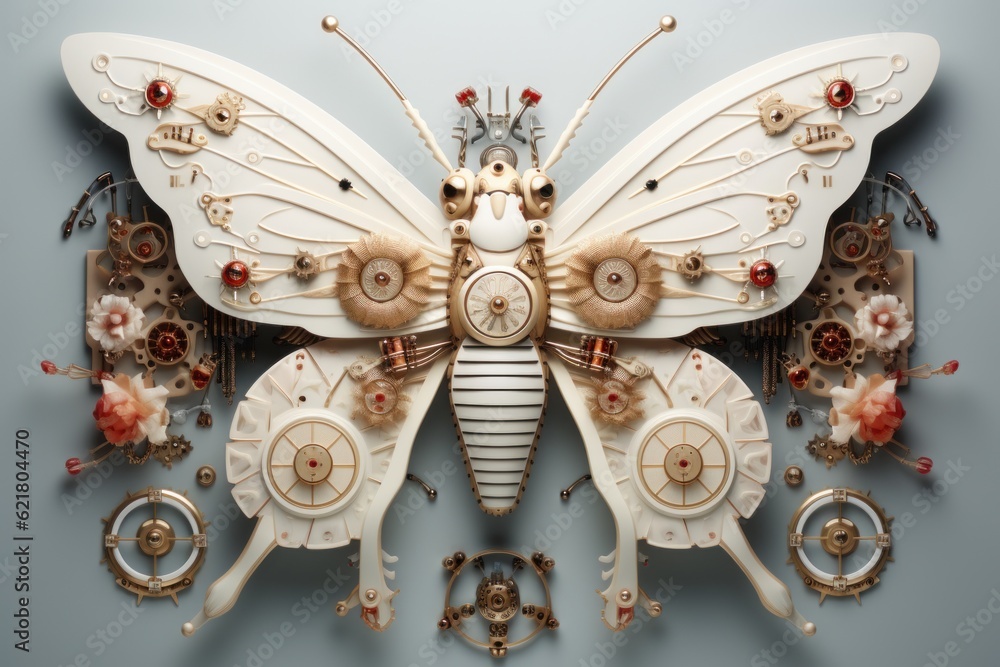 Poster a large white butterfly with gears and gears on it's wings. generative ai image.