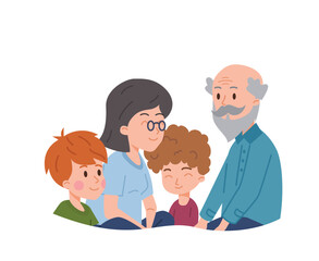 Grandparents with children spending time together flat style, vector illustration