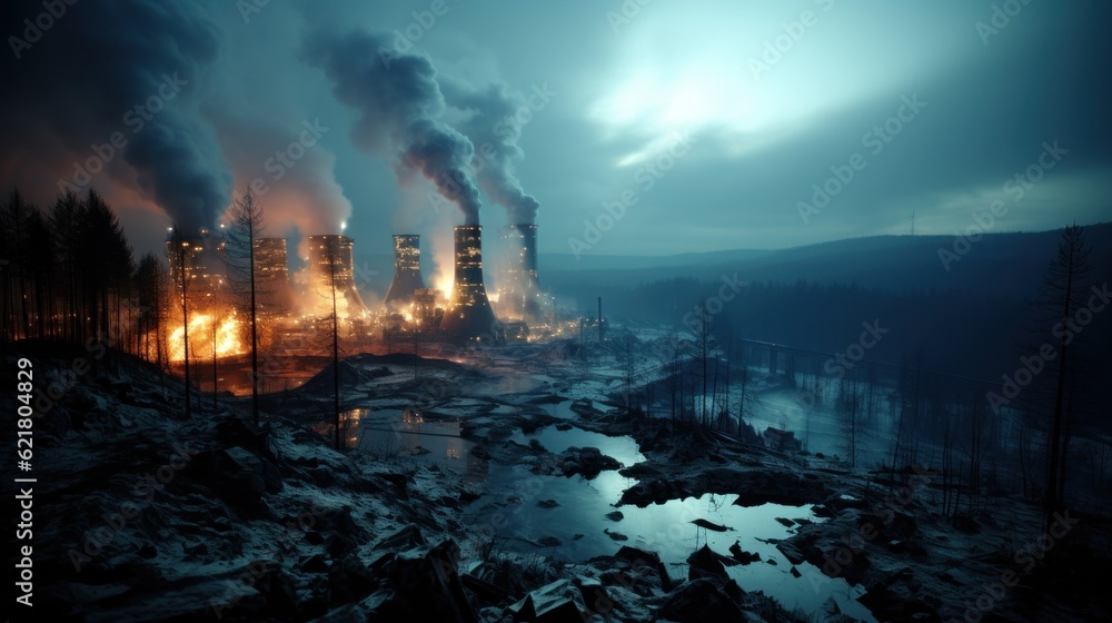 Poster a picture of a factory with smoke coming out of it. generative ai image.
