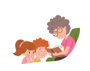 Vector flat isolated illustration of grandmother sits in an armchair reading a book to her grandson and granddaughter