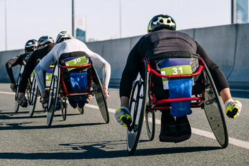close-up group para athlete in wheelchair racing marathon race, sports summer games para athletics