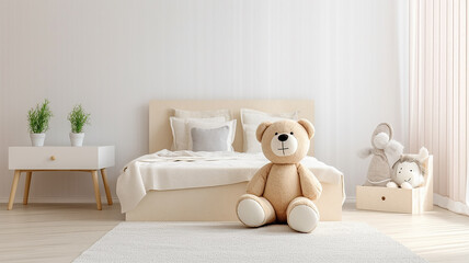 bear sitting on the bed in the children's room interior. Generative AI