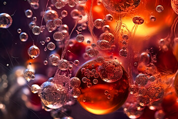 Spellbinding fermentation process: Bubbles and sediments visible in a transparent wine vessel, captivating high-speed motion and striking light play through wine. Generative AI