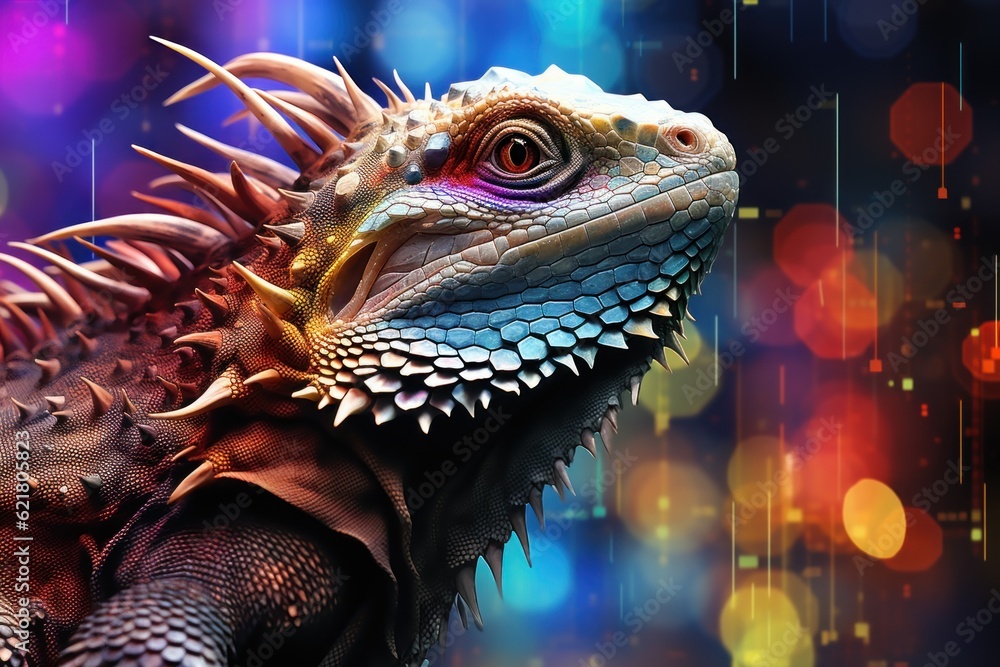 Aufkleber a close up of a lizard on a colorful background. generative ai image.