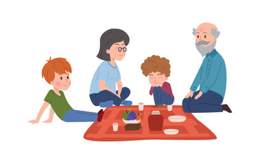 Grandparents picnic with kids flat style, vector illustration