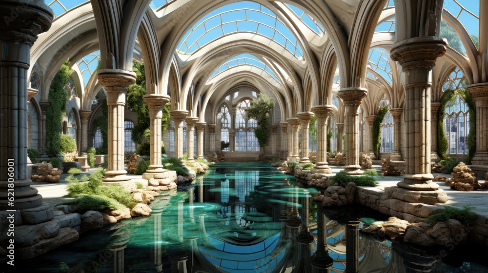 Poster a large building with a pool in the middle of it. generative ai image.
