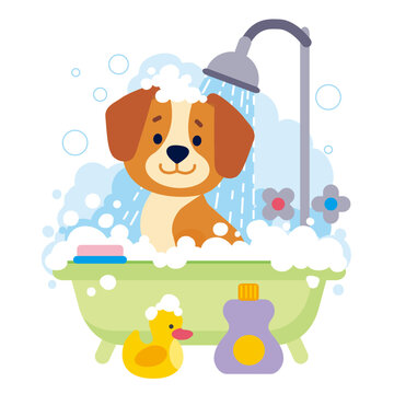 Cute cartoon dog in bath with duck, soap foam and bubbles. Grooming pet flat vector illustration.