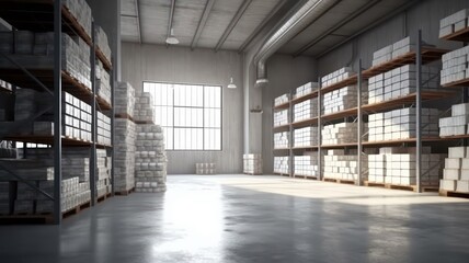 Large industrial warehouse. Tall racks completely filled with boxes and containers. Cardboard boxes on pallets. Daylight fills the room through the windows. Global logistic concept. 3D illustration.
