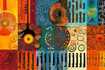 Dynamic representation of diverse cultures harmonized through ethnomusicology, emphasized with vibrant background and engaging monochrome tones. Generative AI