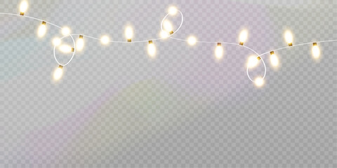 Christmas lights isolated on transparent background. golden christmas glowing garlands with sparks. Vector