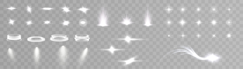 Set of light effects. Glowing isolated set of bright transparent light effects, glare, explosion, glitter, portal, line, sun flare, spark and stars, curve. Sunlight, abstract special effect. Vector - obrazy, fototapety, plakaty