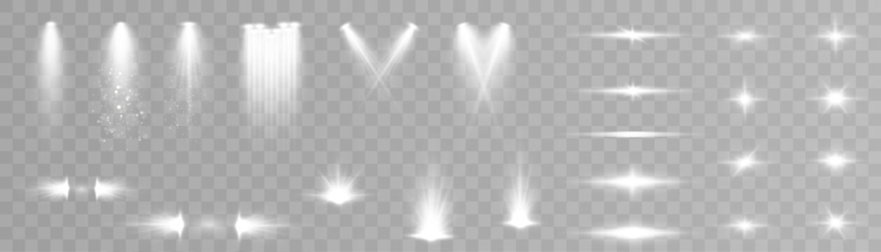 Set of light effects. Glowing isolated set of bright transparent light effects, glare, explosion, glitter, portal, line, sun flare, spark and stars, curve. Sunlight, abstract special effect. Vector
