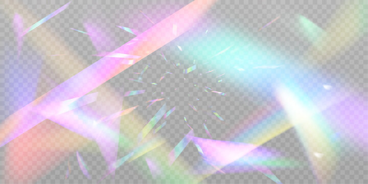 A cluster of colors, bright rays of the spectrum. Glare on a lens, glass, jewelry, or gemstone. The superimposition of the rainbow effect, the refraction of light by a crystal prism. Realistic diamond