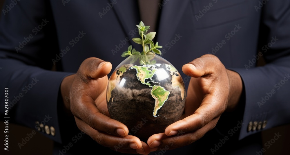 Poster A man in a suit holding a small globe with a plant growing out of it. Generative AI image.