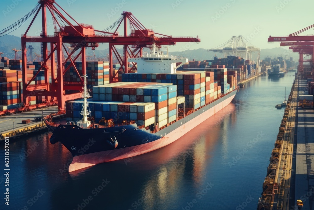 Poster container ship at the berth in cargo terminal of the port under loading. port cranes load containers