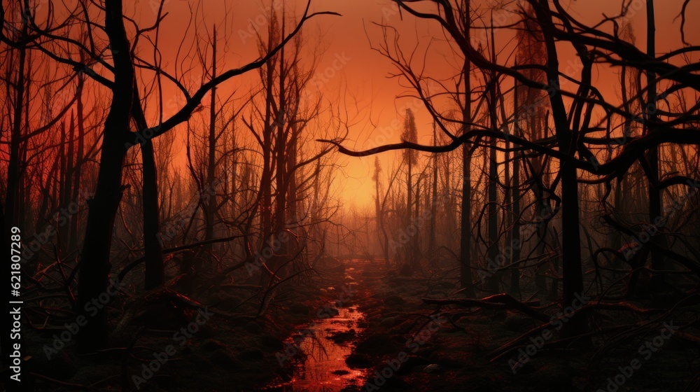 Poster the sun is setting in the distance behind the trees. generative ai image.