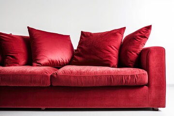 Contemporary red sofa against white background. Generative AI