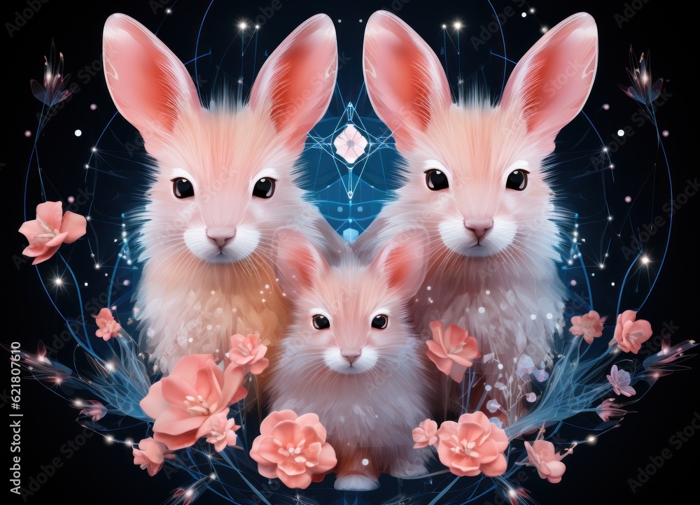 Poster a couple of rabbits sitting next to each other. generative ai image.