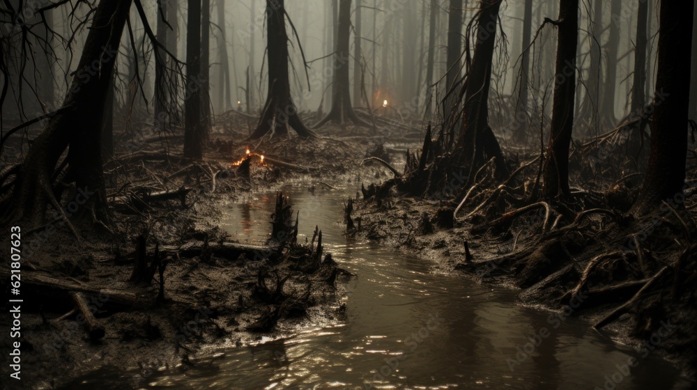 Poster a small stream running through a forest filled with trees. generative ai image.
