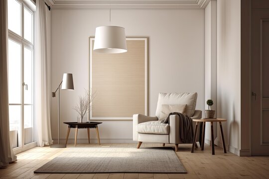 Copy space mockup wall poster in a villa living room with contemporary beige furnishings, hardwood floors, and a lamp shaded armchair. Relaxation idea. Generative AI