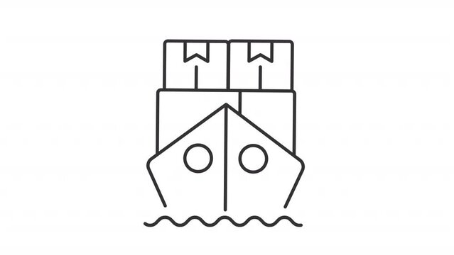 Black icon animation of ship with cargo, HD video with transparent background, seamless loop 4K video of exporting and importing goods, marine industry.