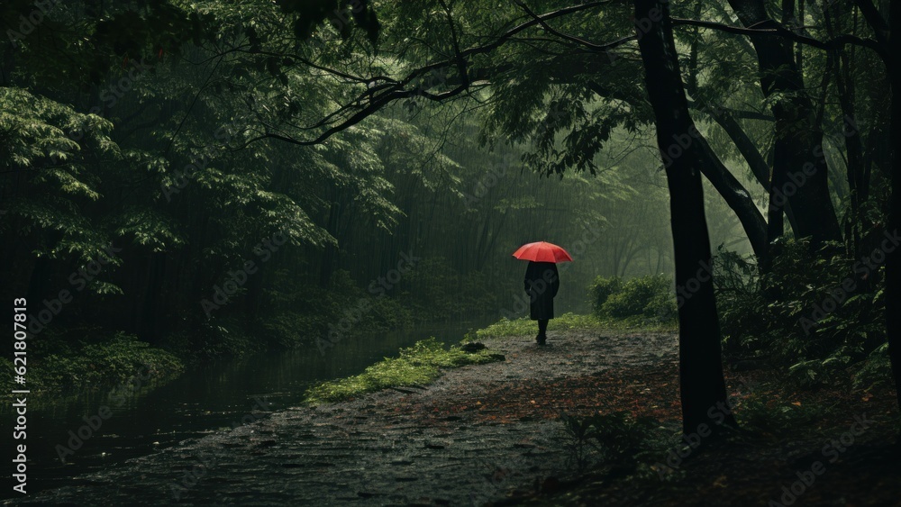 Aufkleber a person with a red umbrella walking down a path. generative ai image.