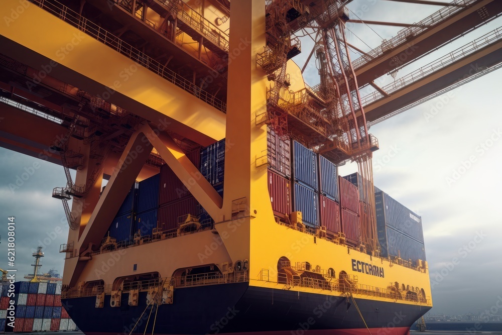 Poster close-up of a huge port crane. containers are stacked on the loading dock and ready to be loaded onb
