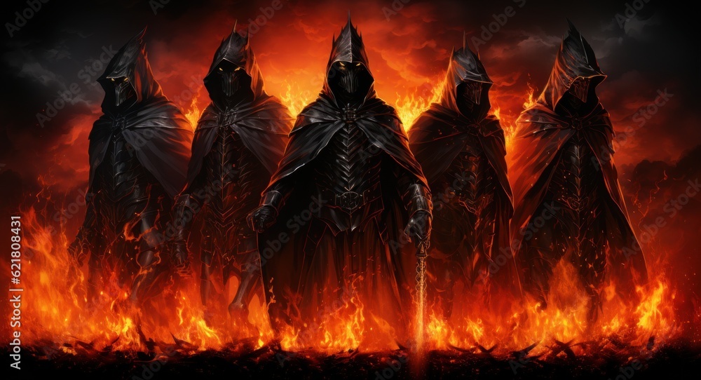 Poster a group of people dressed in black standing in front of a fire. generative ai image.