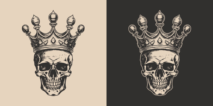 Set of vintage retro scary hipster cawboy skull in with king crown. Can be used like emblem, logo or print. Monochrome Graphic Art. Vector. Hand drawn element in engraving  gravure