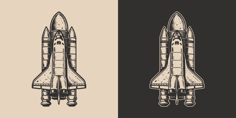 Set of vintage galaxy space rocket shuttle. Can be used like emblem, logo, badge, label. mark, poster or print. Monochrome Graphic Art. Vector. Hand drawn element in engraving